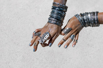 close up of beautiful tribal woman. Hands of ethnic dancer