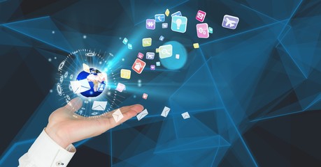 hand with earth over and application icons coming up form it