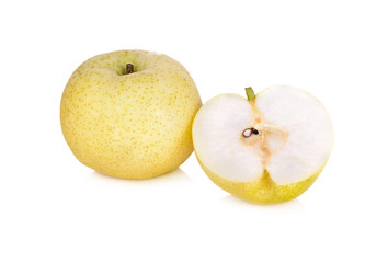 whole and half cut pear on white background