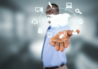 businessman with hand spread of  with application icons over.