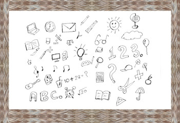 Back to school welcome set. design concept education supplies icons on frame wooden with white...