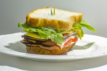 Close up of a sandwich on the side at eye level with toothpicks and view of top