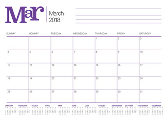 March 2018 calendar planner vector illustration