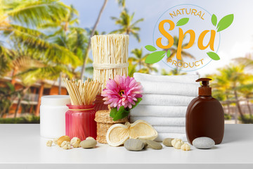 Composition of spa treatment on wooden table