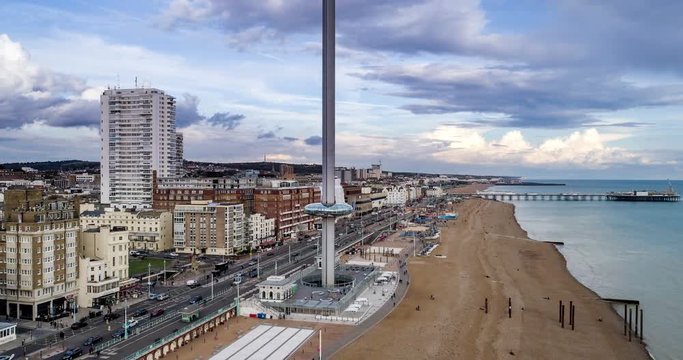 Aerial time lapse view of the seafront and the beach in Brighton and Hove, Southern England (hyper lapse)
