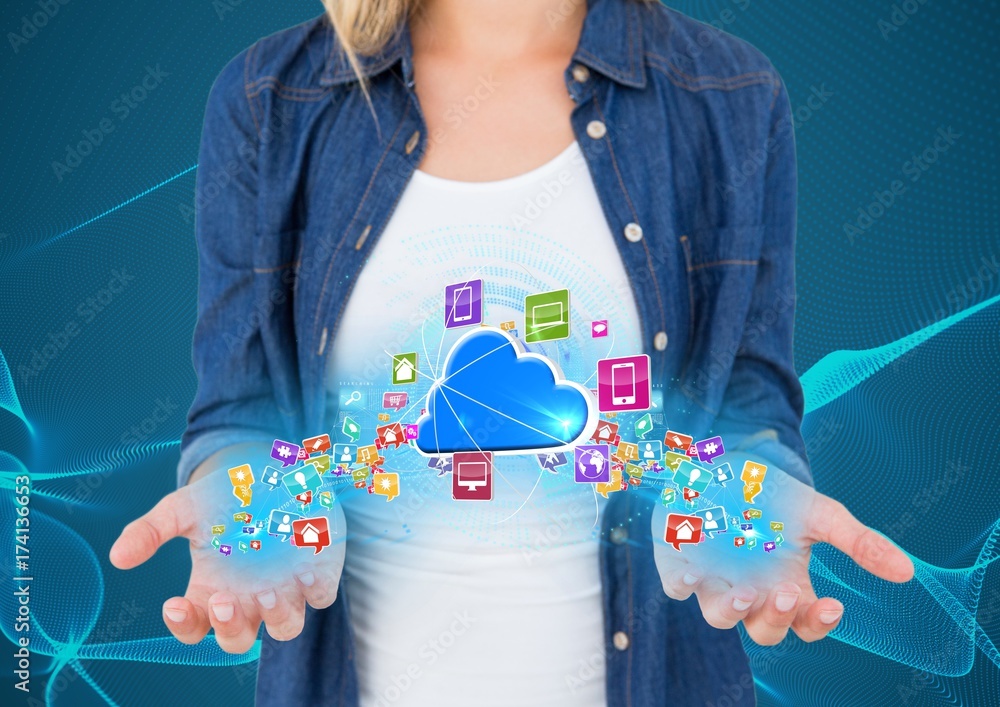 Poster hands with application icons with blue lights floating on it and