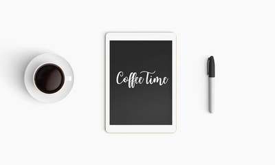 Modern workplace with coffee cup and smartphone or tablet copy space on white table background. Top view. Flat lay style.