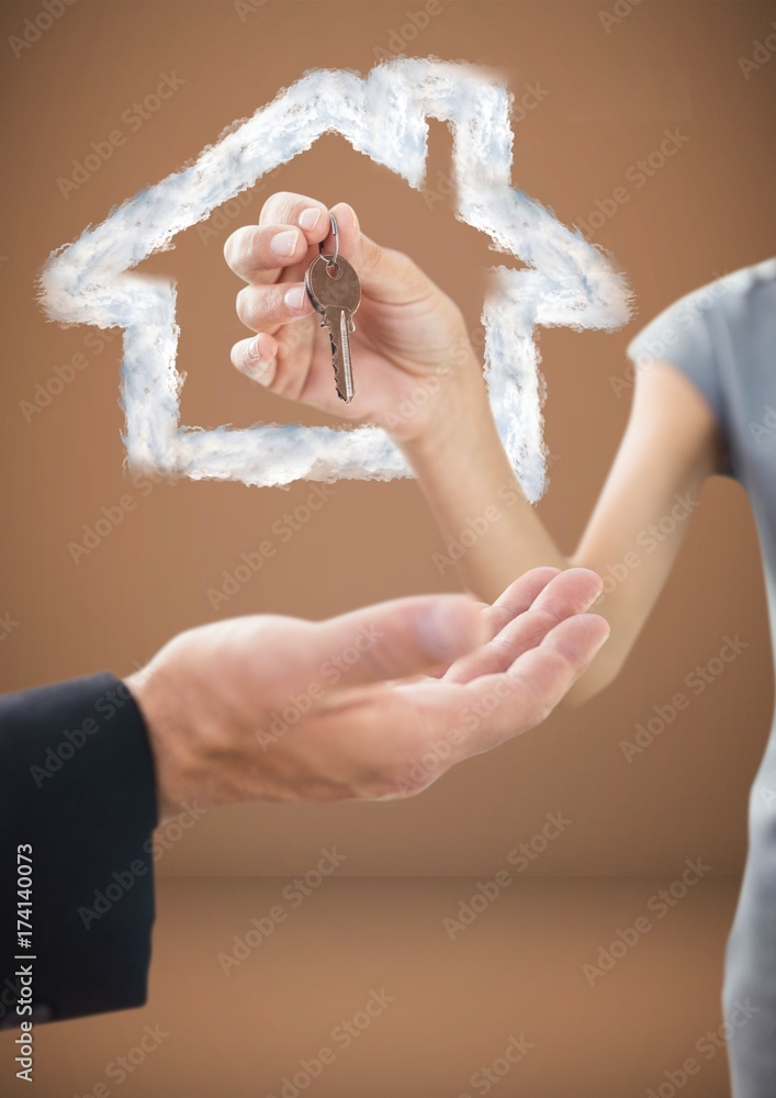 Poster hands holding key with house icon in front of vignette