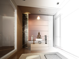 sketch design of interior buddha room