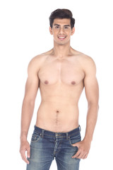 Fototapeta premium Mix Race Asian black hair, handsome muscle good looking man in topless