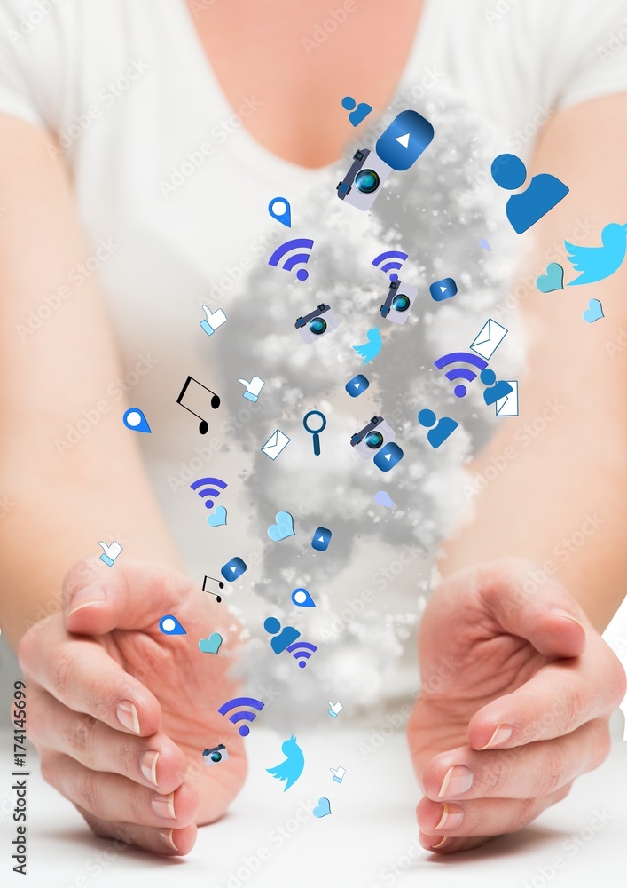 Poster hands with blue application icons between two hands