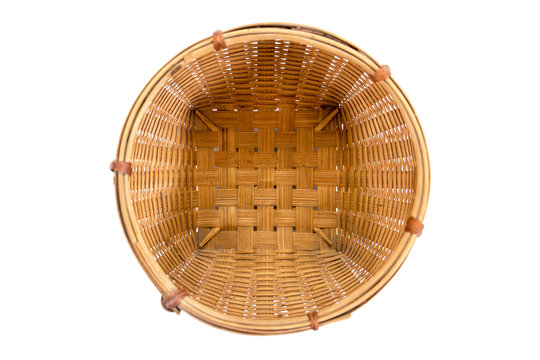 Beautiful bamboo weave basket from top view isolated on white background