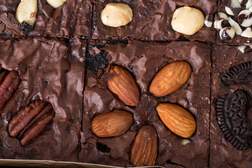 Close up.Chocolate brownies cake, dessert with nuts