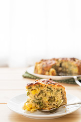  macrobiotic desert : pineapple mint cake made with whole wheat flour, almond flour,  maple syrup, almond oil, soy milk,  pineapple and mint leave.