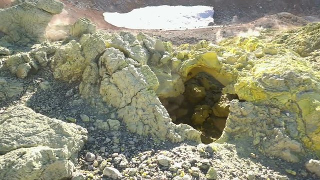 Volcanic activity, sulfur fumarole and hot gas on the slope of Ebeko volcano, Northern Kuriles, Paramushir Island
