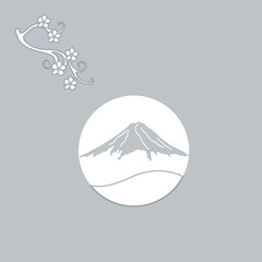 Cute illustration of branch of cherry blossoms and mount Fuji.