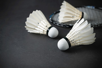 Fototapeta na wymiar Shuttlecocks and badminton racket on black background.