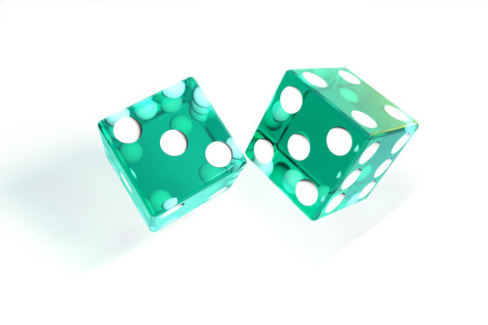 3d illustration: quality rendering image of transparent turquoise rolling dices with dots. The cubes in the cast. throws. On white background isolated. High resolution. Realistic shadows.
