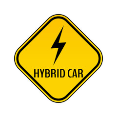 Hybrid car caution sticker. Save energy automobile warning sign. Lightning icon in yellow and black rhombus.