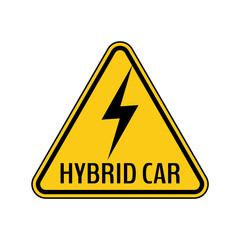 Hybrid car caution sticker. Save energy automobile warning sign. Lightning icon in yellow and black triangle.