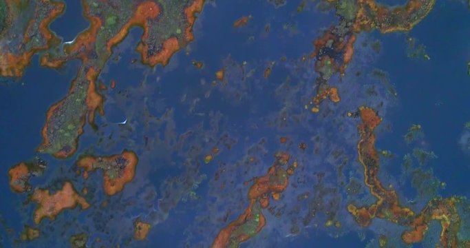 Large swamp, Cinema 4k aerial downward view above and over a big wet bog, in lapland pyha-luosto national park, on a cloudy autumn day, in Lappi, Finland