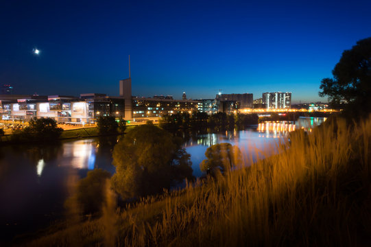 Moscow river and blue sky at night.