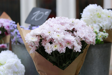 blush gerbera bouquet in sidewalk florist
