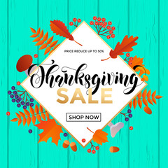 Thanksgiving sale poster for autumn season or fall shopping promo. Vector 50 percent price discount background template of maple and oak falling leaf for Thanksgiving sale web banner design
