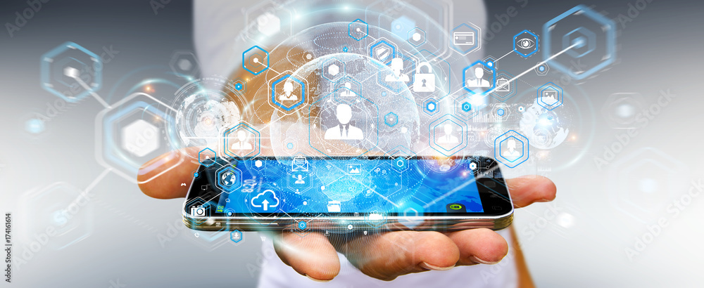 Poster Businessman using social network interface 3D rendering