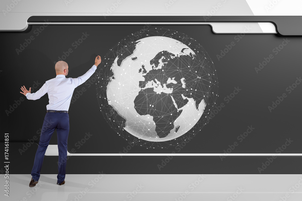 Poster businessman using digital planet earth interface on a board 3d rendering