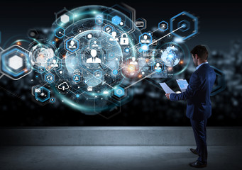 Businessman watching social network interface on a rooftop 3D rendering