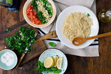 Ingredients for cooking vegetarian salad with porridge bulgur and vegetables