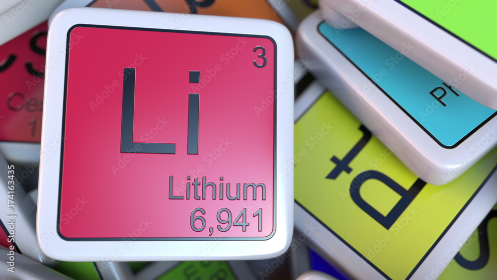 Poster lithium block on the pile of periodic table of the chemical elements blocks. chemistry related 3d re
