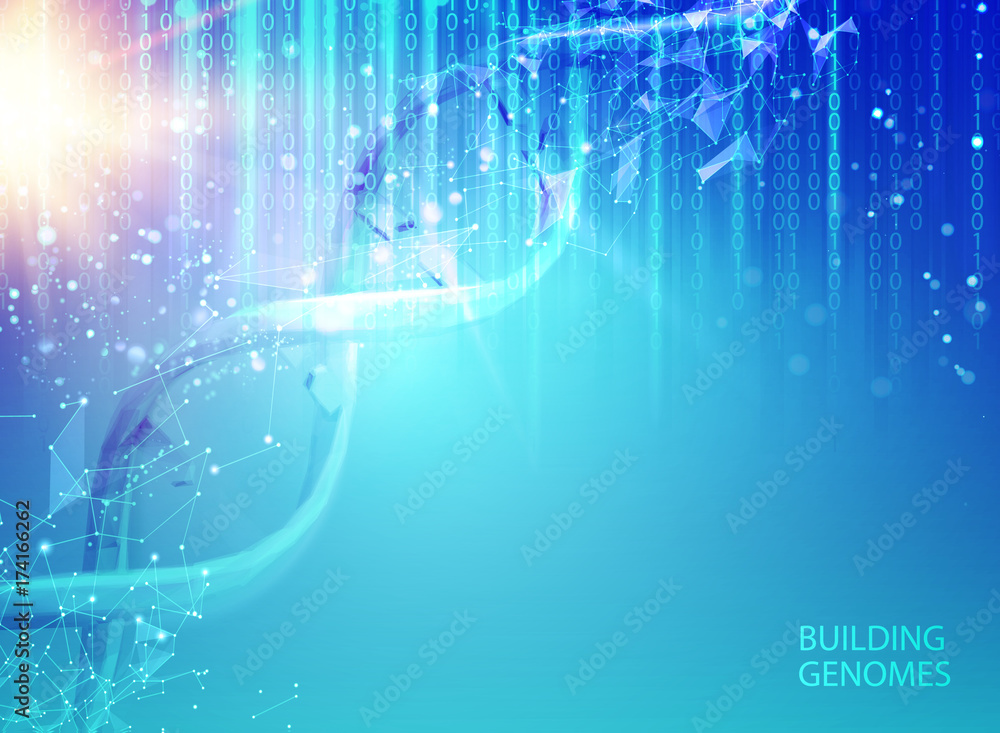 Poster Scince illustration of bigdata with DNA molecule. Abstract binary code in matrix style over blue background. Dna bigdata visualization. Vector illustration.