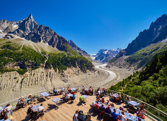 View over glacier Mer de Glace from terrace, Chamonix France