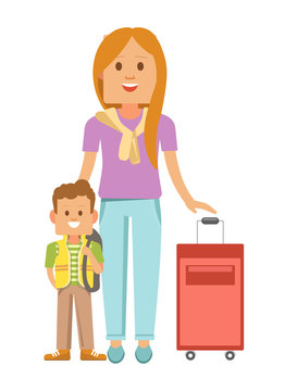 Mother and son with suitcase ready to travel