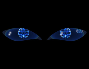 two shiny technological neon HUD eyes on a black background. illustration