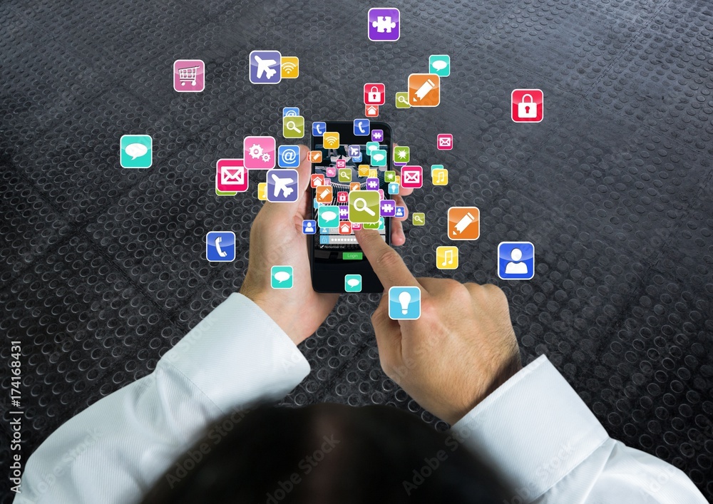 Poster man with phone on hands and applications icons coming up from