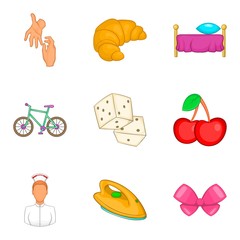 Babysitter woman icons set, cartoon style