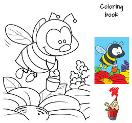 Funny little bee with a bucket flying for honey. Coloring book. Cartoon vector illustration