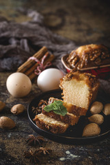 Homemade cinnamon cake and almonds