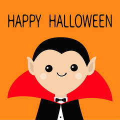 Count Dracula head wearing black and red cape. Cute cartoon vampire character with fangs. Happy Halloween. Greeting card for kids. Flat design. Orange background. Isolated.