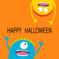 Happy Halloween card. Two screaming monster head silhouette set. Eyes, teeth, tongue, hands. Hanging upside down. Funny Cute cartoon character. Baby collection. Flat design. Orange background. © worldofvector