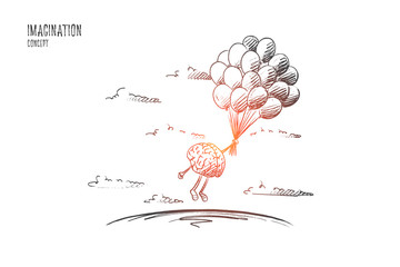 Imagination concept. Hand drawn brains flying with balloons. Flying brains as symbol of imagination isolated vector illustration.