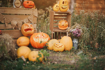 Ghost pumpkins on Halloween. Рead Jack on an autumn background. Holiday outdoor decorations
