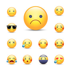 Sad, sorry cartoon vector emoji face set. Unhappy, crying, angry, depresserd smileys. Ninja, in sunglasses and over emoticons