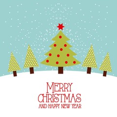 merry christmas and happy new year tree pine star decoration vector illustration