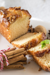 Homemade cinnamon cake and almonds