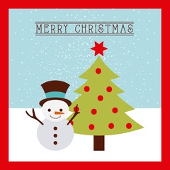 merry christmas card snowman and tree pine decoration vector illustration