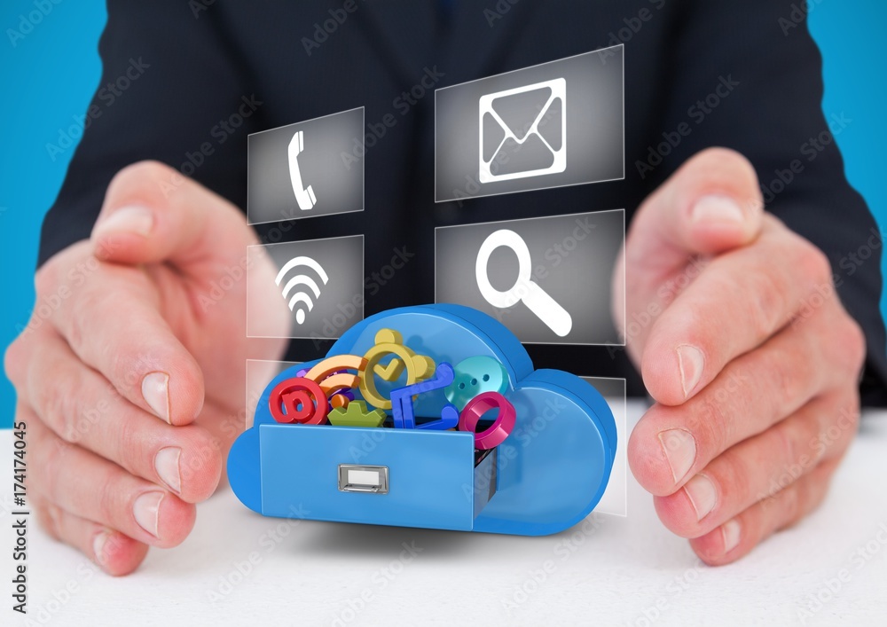Poster hands with application icons on a cloud and with icons panel